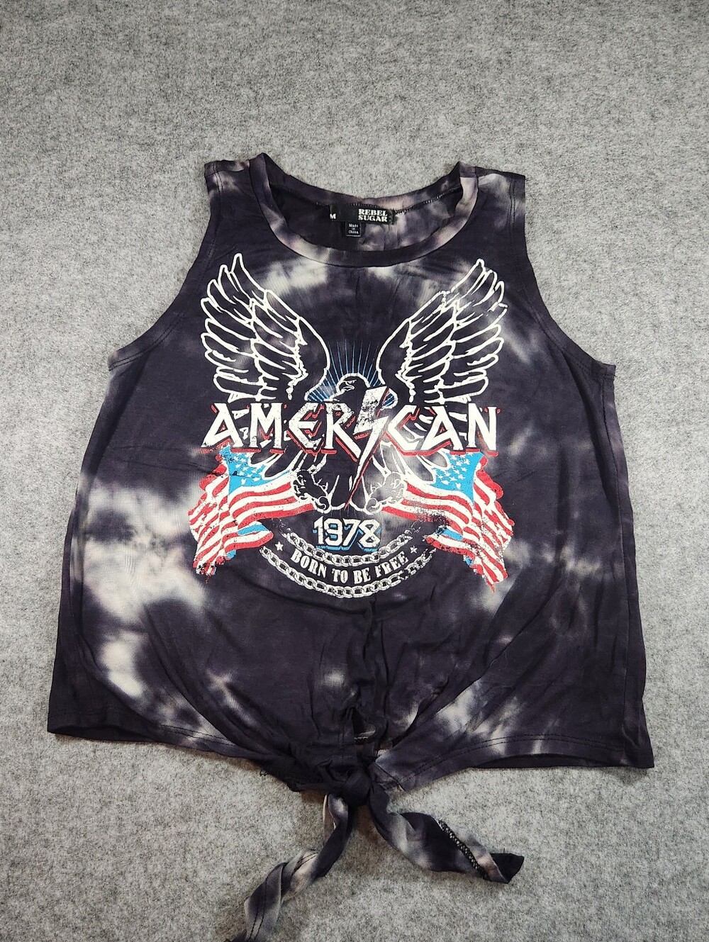 Rebel Sugar Black Tie-Dye American Eagle Tank with Red & Blue Flags Medium